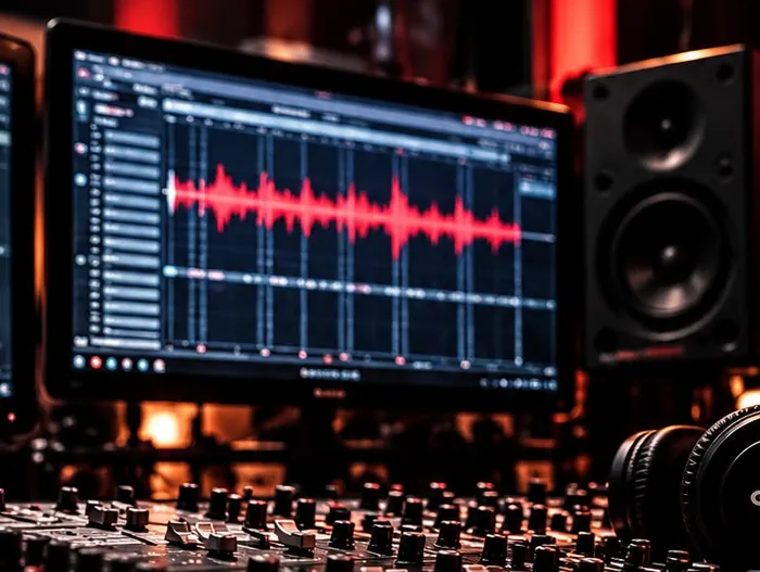 Stüdyo monitöründe ses dalgası, mix ve mastering