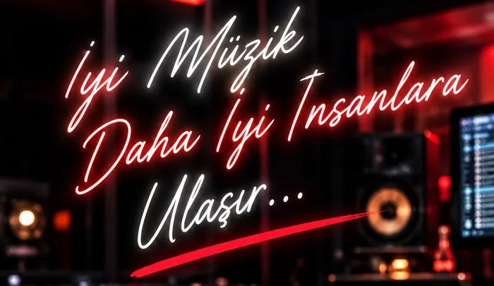 “İyi müzik daha iyi insanlara ulaşır” neon yazısı
